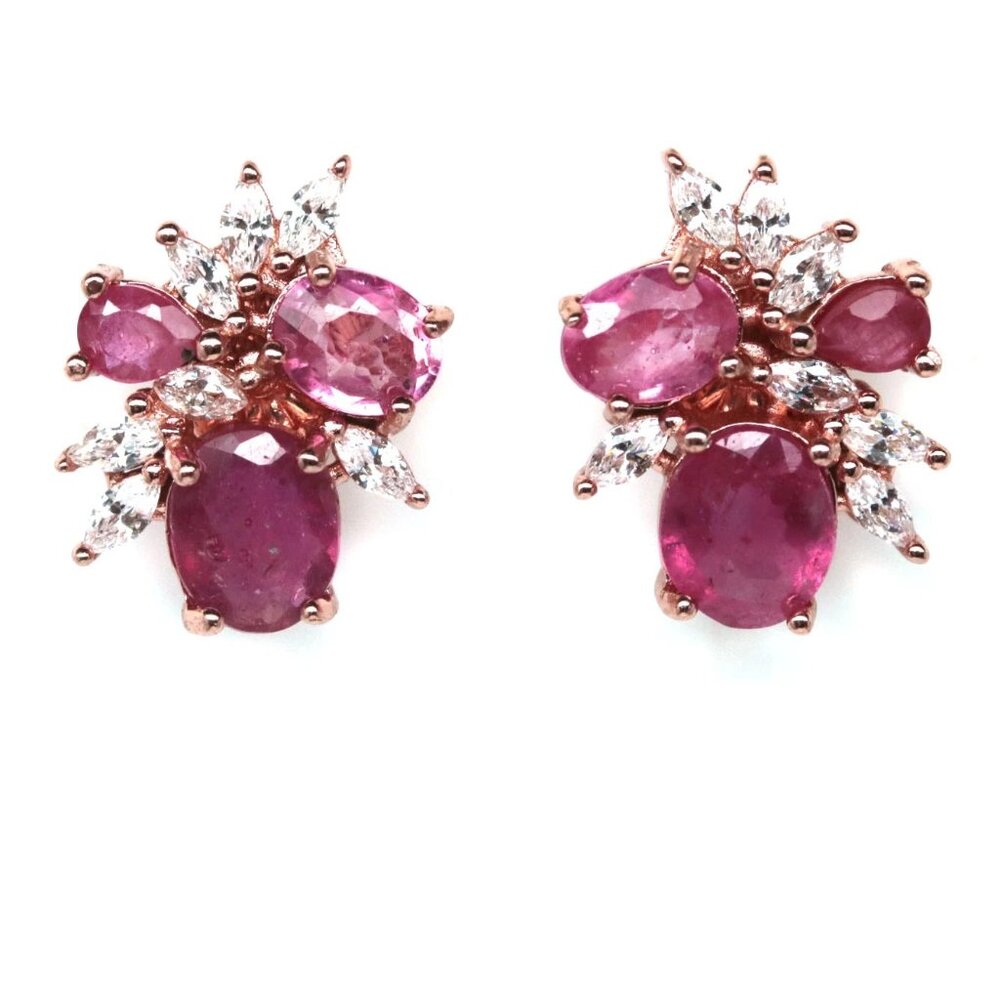 14K Rose gold/925 genuine ruby and white zircon stud earrings NEW